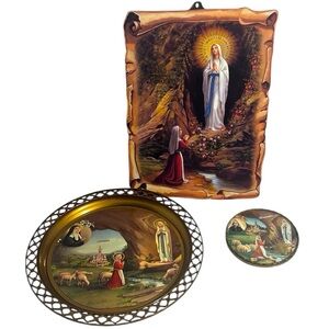 Vintage Religious Mixed Media Art from Lourdes with Gold and Brown Accents.